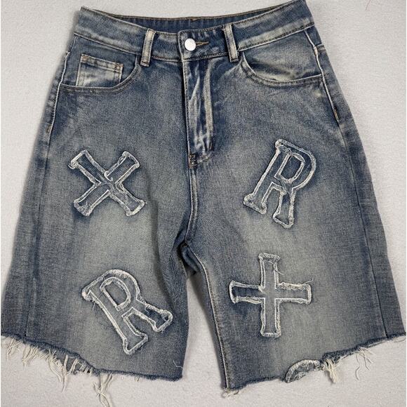 Unbranded Pants - Womens Y2K Denim Shorts XR Cross Patch Raw Hem Longline Skater Festival S Grunge